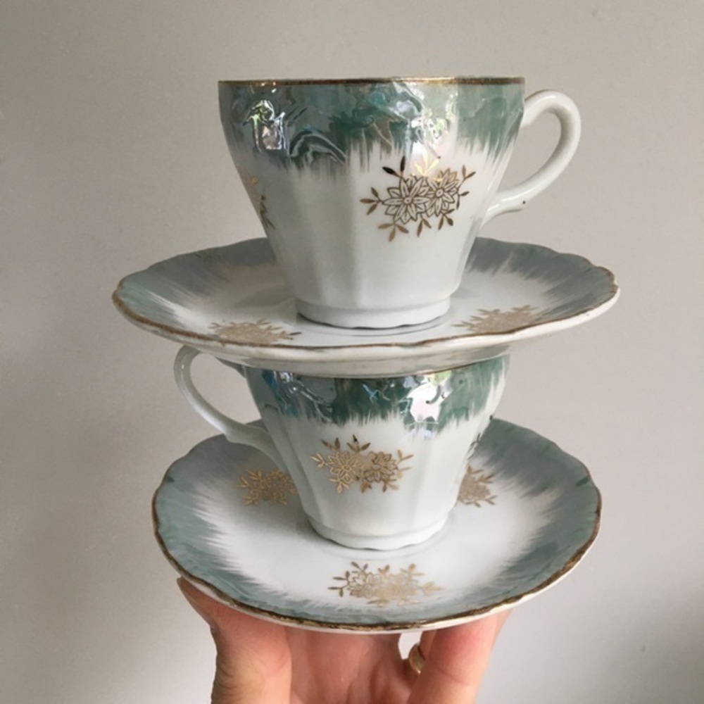Vintage Demitasse Cups and Saucers Blue & White w/ Gold Trim Accents Set of Two
